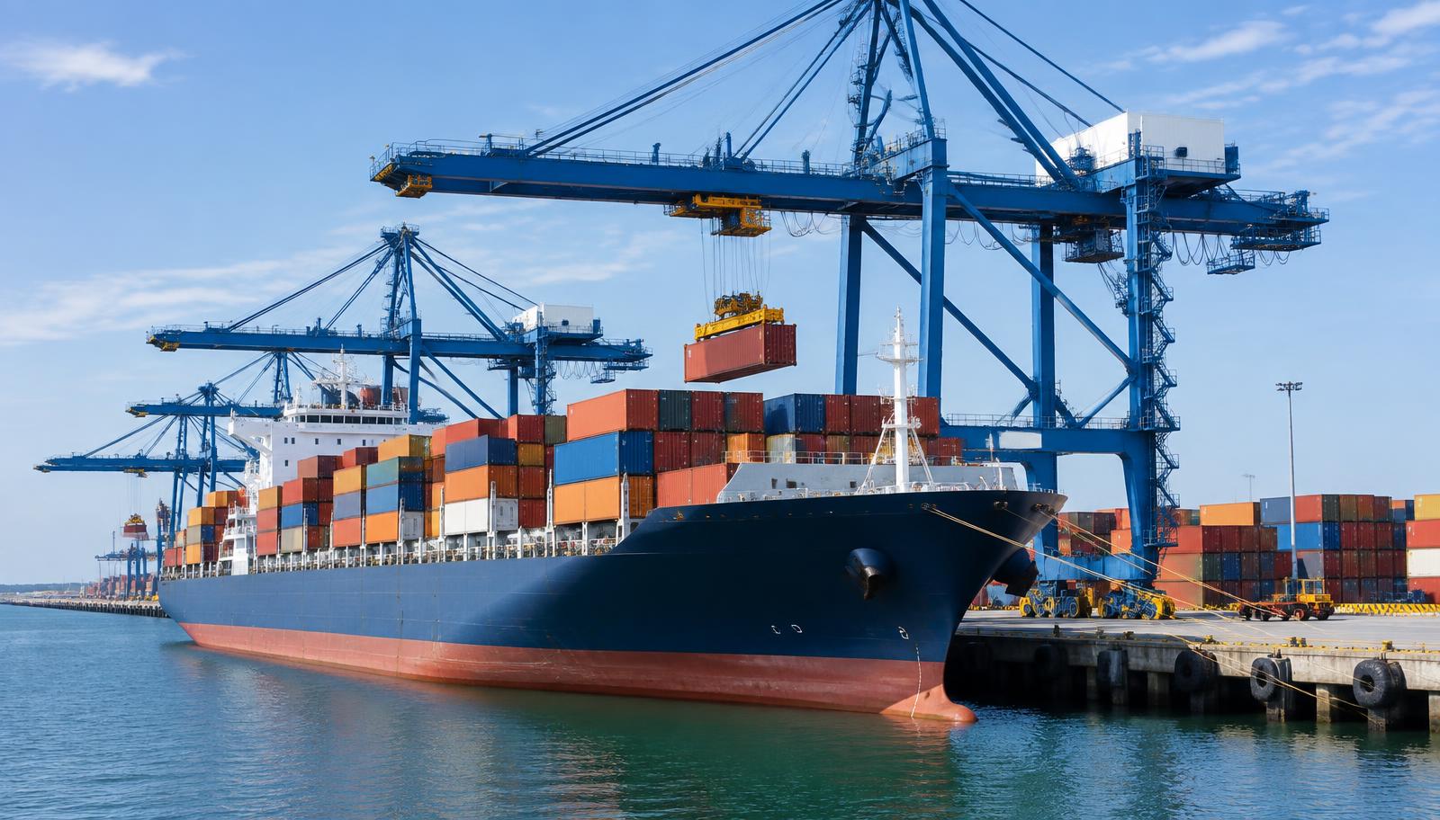 Container ship being loaded at the port