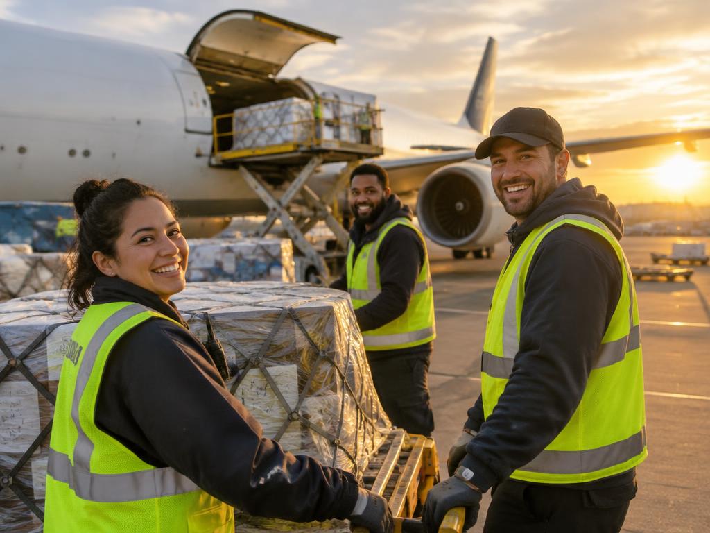 Stellar Logistics team loading cargo beside an aircraft at sunset
